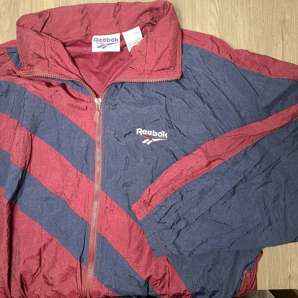 Vintage 90s Reebok Windbreaker Jacket Maroon Navy Blue Packable Hood Men's M